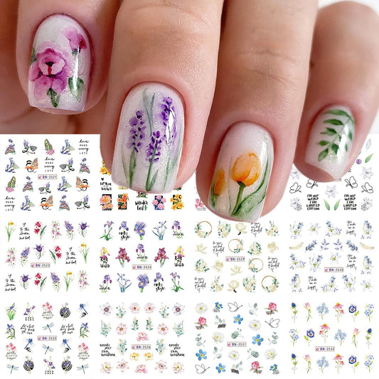 12 hojas de calcomanías de arte de uñas de flores, transfere