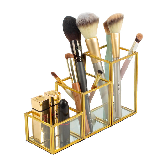Soporte para brochas de maquillaje de vidrio con 3 compartim