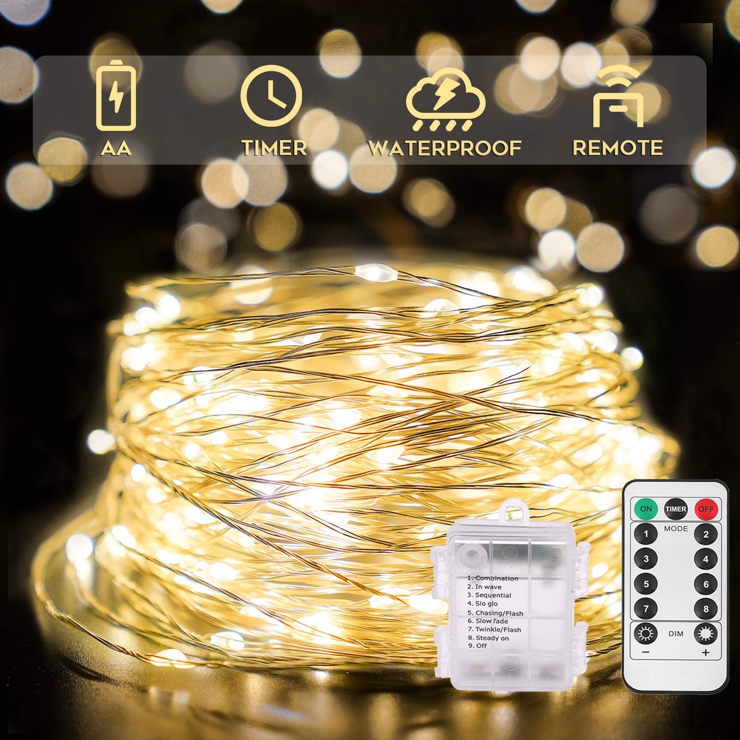 suddus - Tira de 100 luces LED para exteriores, 33 pies, gui