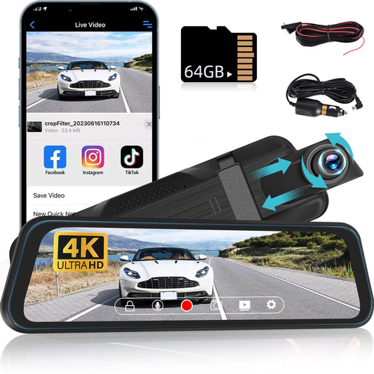 NHOPEEW Cámara de espejo retrovisor 4K de 9.66 pulgadas, pan