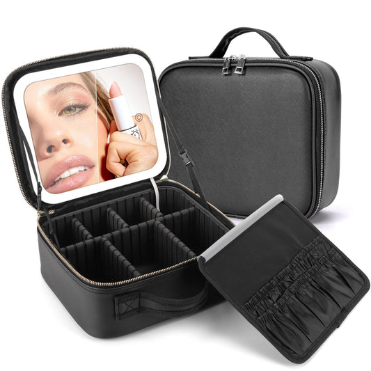 Bolsa de maquillaje con espejo LED, bolsa de maquillaje de v