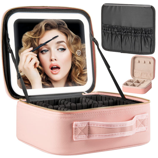 Estuche de viaje de maquillaje con espejo con luz LED, 3 bri