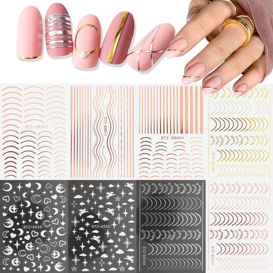 Calcomanías de uñas de línea francesa, 8 hojas autoadhesivas