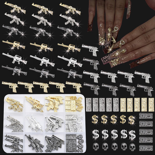 Juego de 63 dijes de uñas dorados 3D para uñas de aleación,