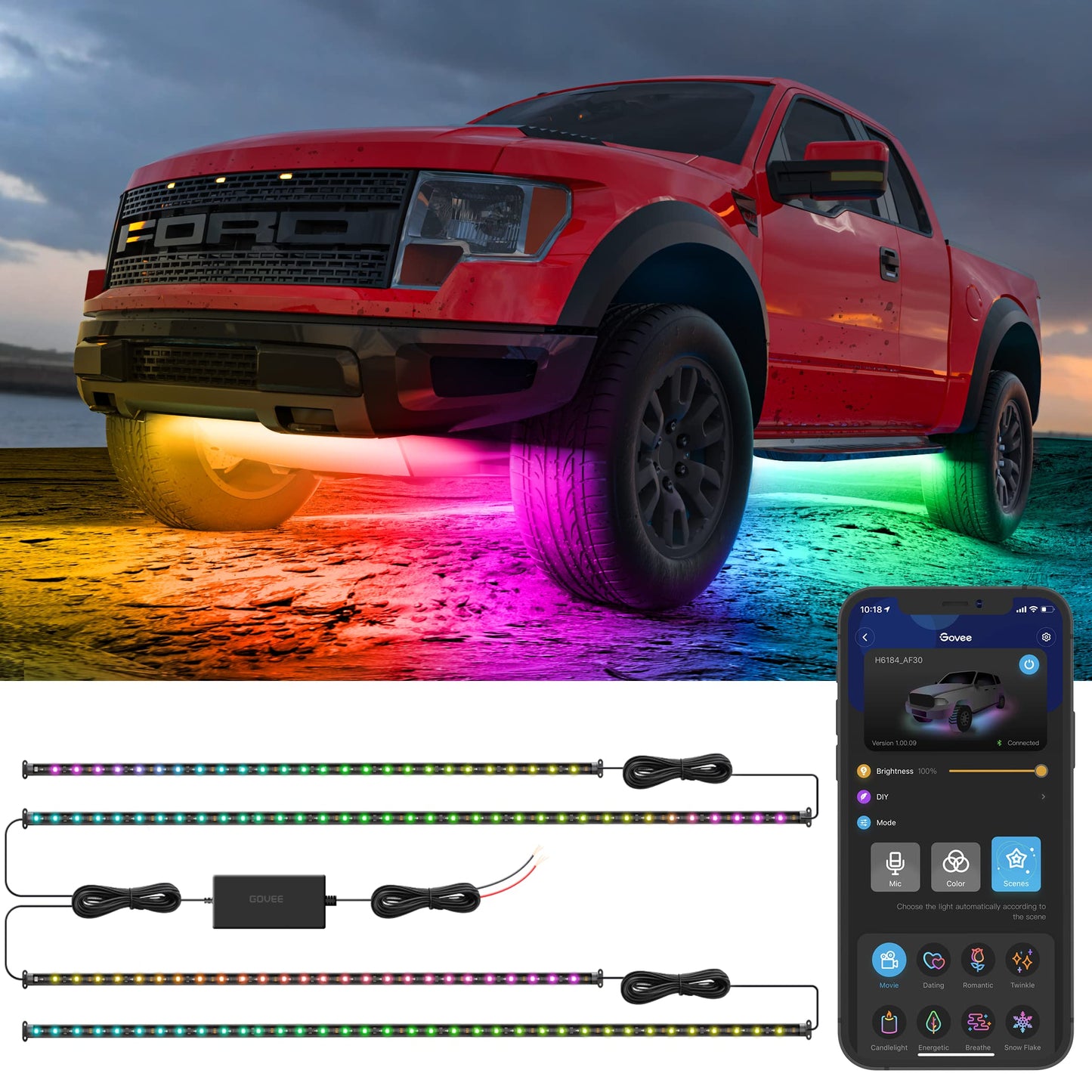 Govee Underglow - 4 luces LED inteligentes RGBIC para automó