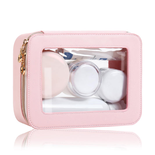 Juego de bolsas de maquillaje transparentes de cuero, tamaño