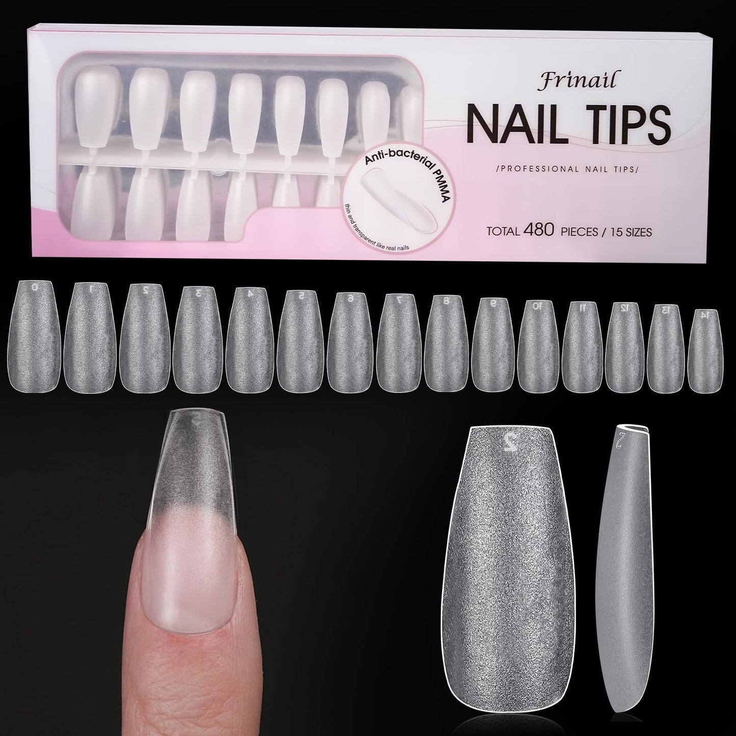Puntas de uñas medianas a presión, 480 unidades, 15 tamaños,