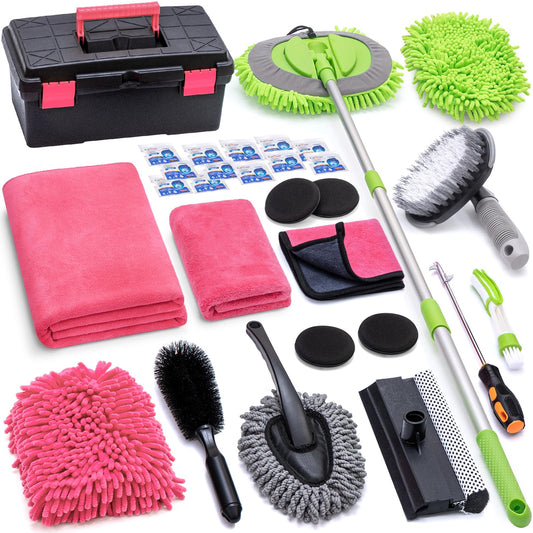 Kit de limpieza de coche de 28 piezas, color rosa, cepillo d